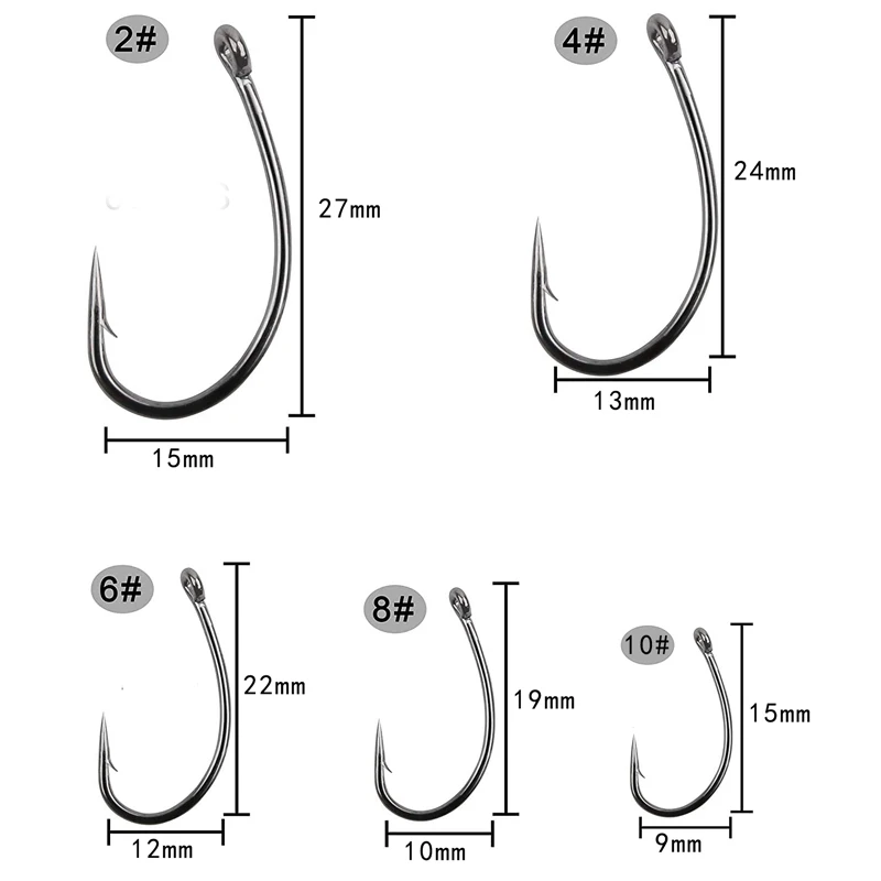 Anzuelos de pesca de carpa de acero con alto contenido de carbono, gancho de púas, vástago curvo, aparejos de carpa, aparejos de pelo, tamaño 2 #4 #6 #8 #10 #, 1000 Uds. - imagen 2