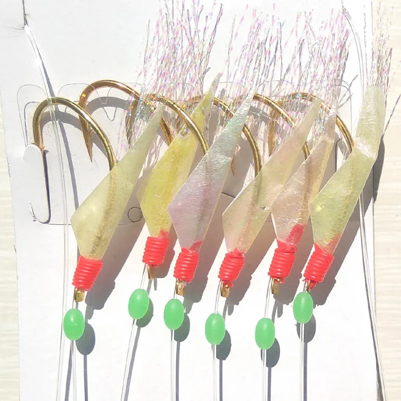 8 #   10 #   12 #   14 #   16 #   18 #   20 #   22 #   24 #    Piel de pescado real cinta pez lubina Sabiki Rig aparejo de pesca en el mar señuelo de pesca suave