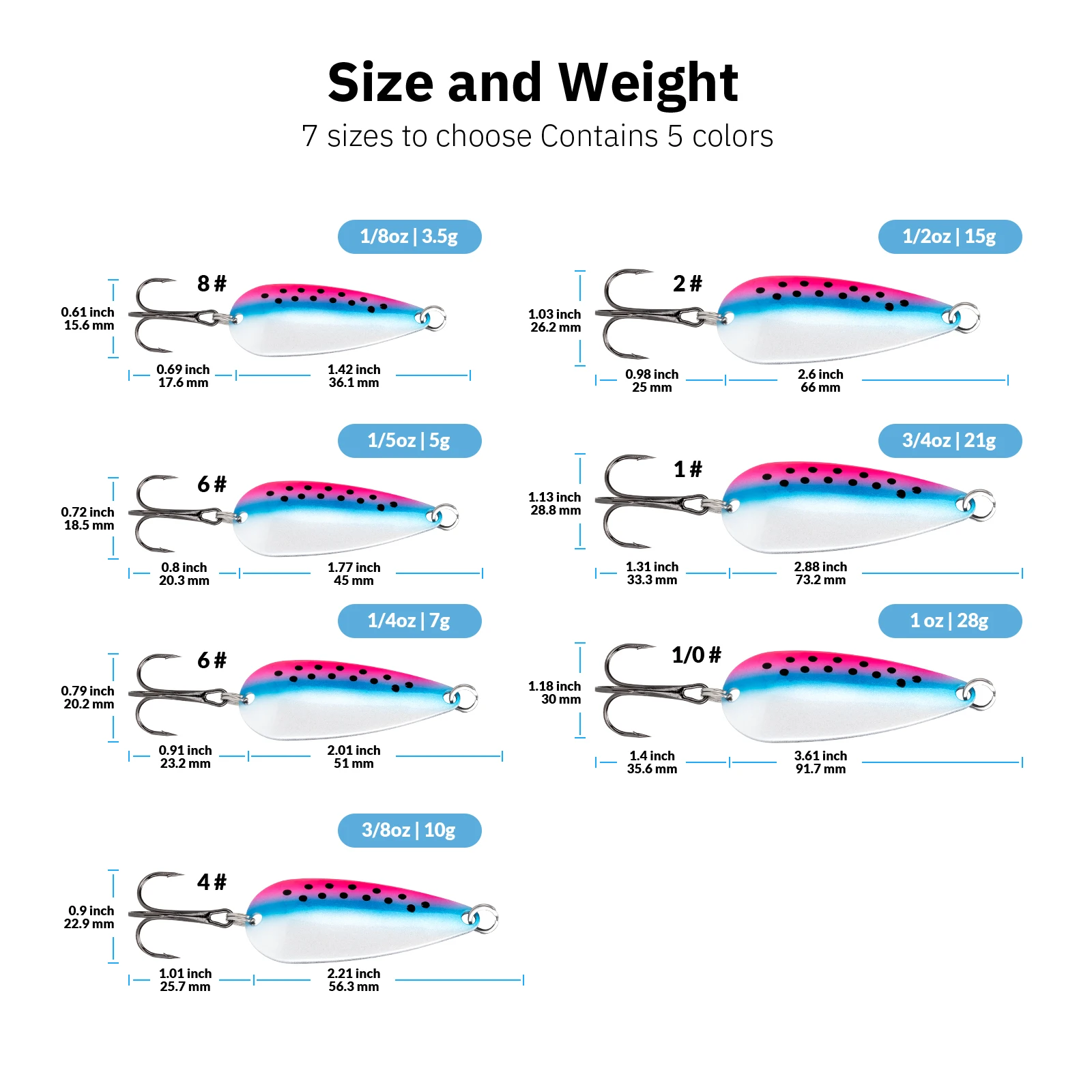 THKFISH 5 uds cuchara de pesca señuelo de trucha 3,5g 5g 7g 10g 15g 21g 28g Spinner cuchara de Metal cebo duro anzuelo triple para pesca de Lucio - imagen 2