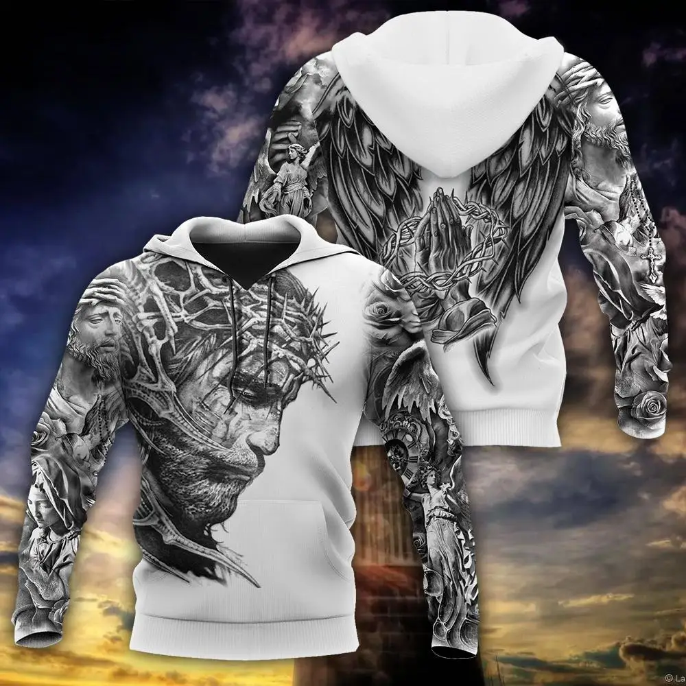 Sudadera con capucha de moda de marca con estampado 3D de tatuaje de Jesús para hombre, Sudadera con capucha con cremallera, ropa de calle Harajuku, chaqueta informal Unisex, chándales KJ0155 - imagen 2
