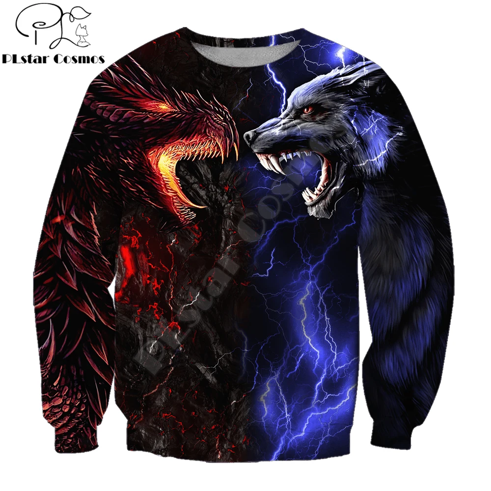 Sudadera con capucha de otoño para hombre con estampado 3D de dragón y lobo rojo y azul, ropa de calle Unisex, chaqueta informal con cremallera, jersey KJ497 - imagen 4