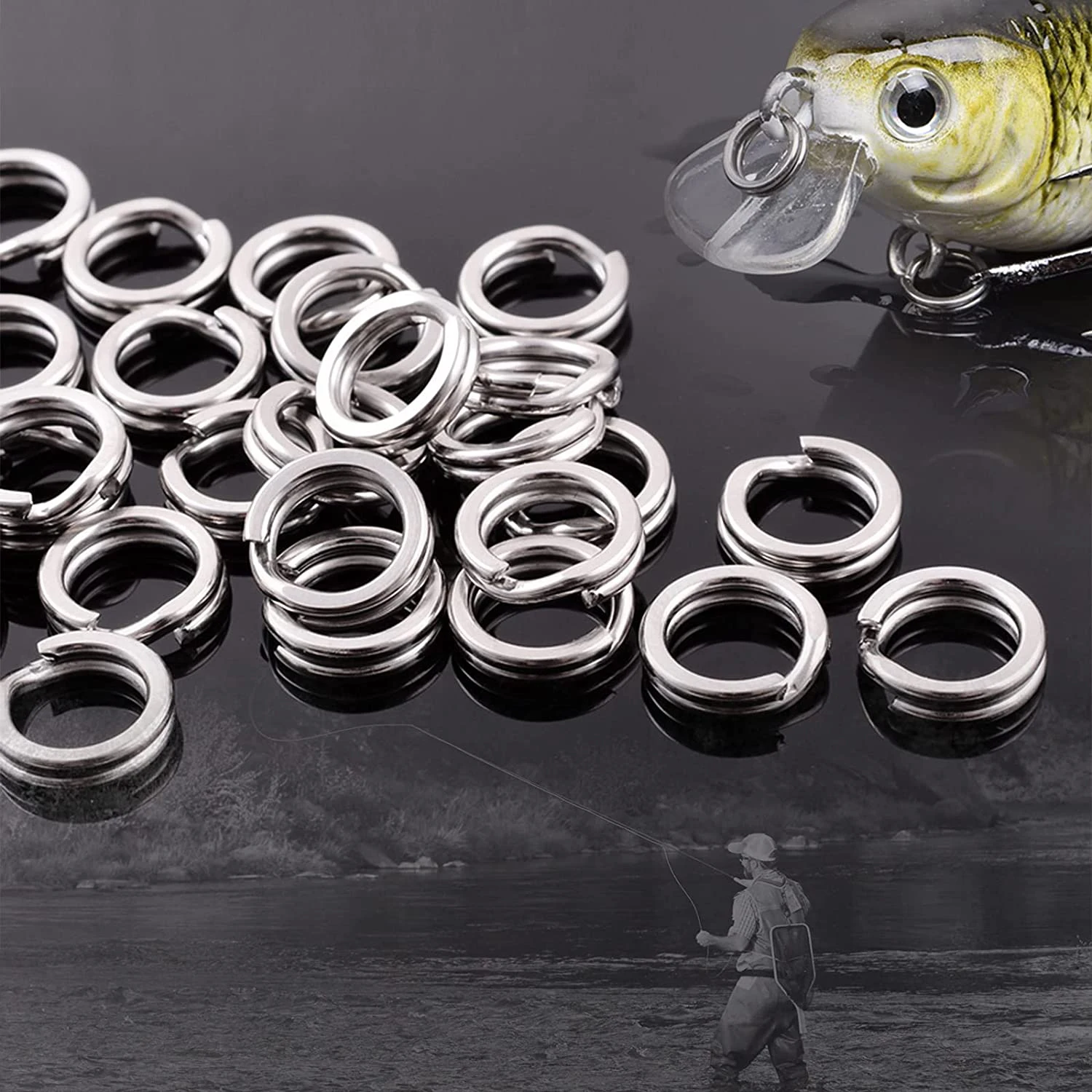 Anillos divididos de pesca de acero inoxidable, conector de Señuelos de Pesca, anillo dividido plano para Mini llavero, joyería de pesca, 100 unids/paquete - imagen 5