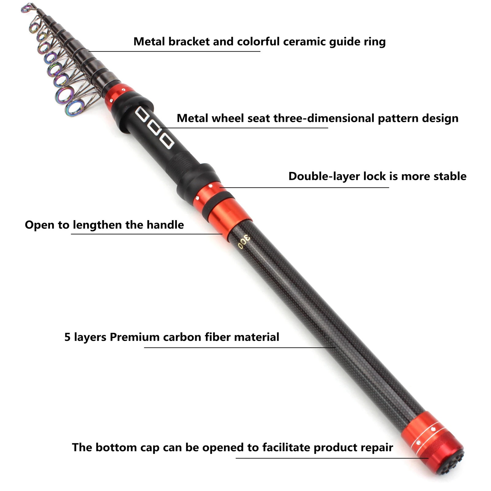 Caña de pescar telescópica de fibra de carbono, accesorio de viaje portátil, para trucha, carpa, lubina, 2,4 m, 2,7 m, 3,0 M, 3,6 m - imagen 4