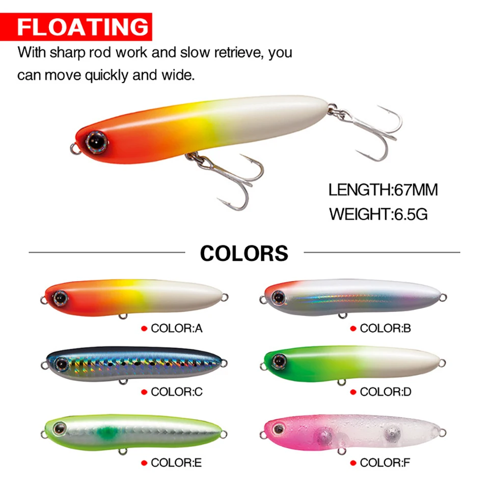 Señuelo de pesca flotante, cebo duro Artificial, Wobbler, calidad de agua salada, profesional, Minnow, 67MM, 6,5G, 1 ud. - imagen 4