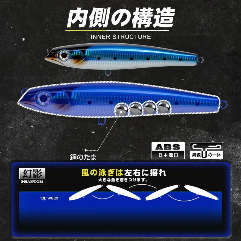 Señuelo tipo lápiz grande para pesca, barco flotante D1, 197mm, 93g, cebo duro Artificial de agua superior, 200mm, 107g, Wobbler Stickbait Bass para pesca - imagen 5