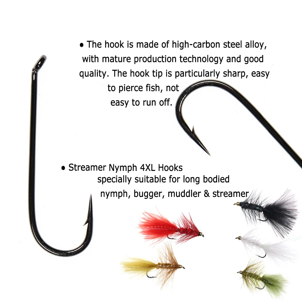Bimoo 30 Uds atado de moscas Streamer Ninfa 4XL ganchos con ojo descendente 4X longitud Muddlers Zonkers pesca con mosca anzuelo de púas níquel negro - imagen 4
