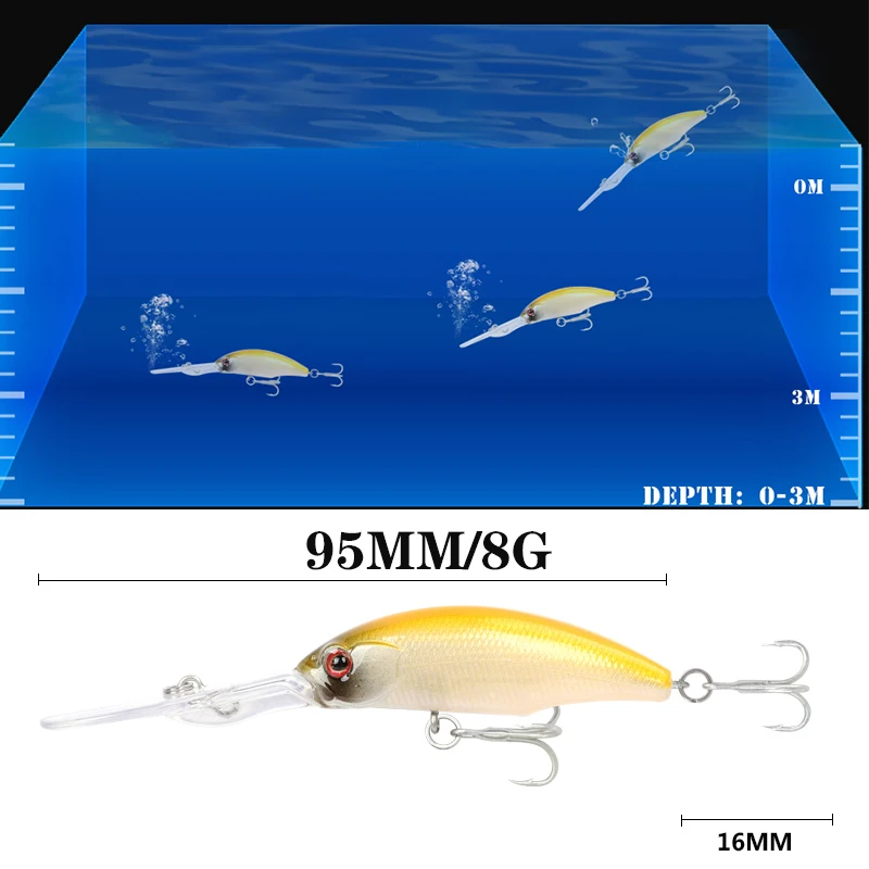 Señuelo de pesca flotante para pececillos, cebo Artificial para pesca de lubina, trucha, Lucio, Wobbler, ojos 3D, 95mm, 8g, 1 ud. - imagen 3