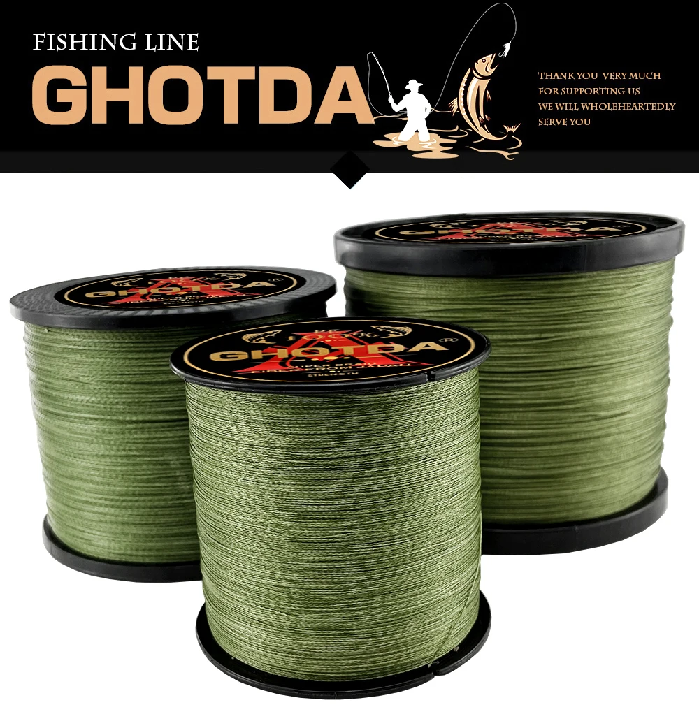 Tres carretes de hilo de pescar con la marca GHOTDA impresa. El hilo de pescar parece ser de color verde y los carretes tienen una etiqueta negra con el nombre de la marca y posiblemente alguna información adicional.