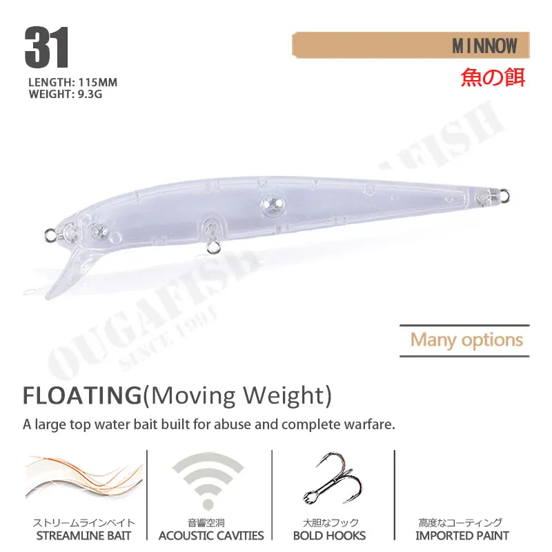 Accesorios de Pesca Minnow señuelos en blanco sin pintar 115mm 9,3g flotante Pesca Pike Fish Leurre Angeln Zubehor Isca Artificial Goods - imagen 2