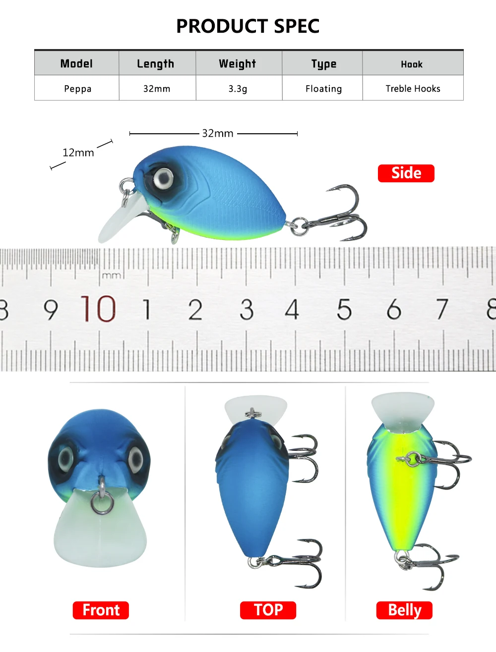 Una página de especificaciones de productos para un señuelo de pesca