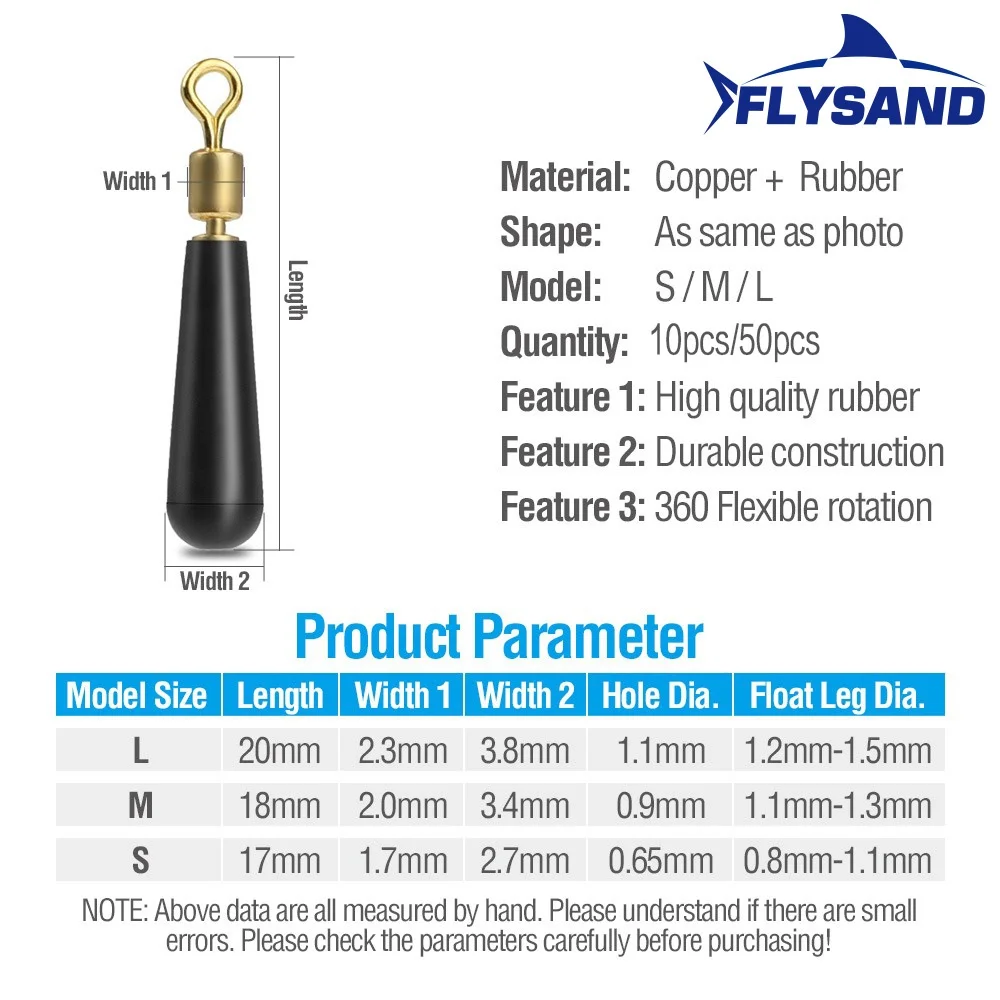 FLYSAND-asiento de flotadores de pesca de alta calidad, cabeza de cobre, Bobber de goma para flotador de pesca Led, asiento de boya de rotación, 50 unids/caja - imagen 5