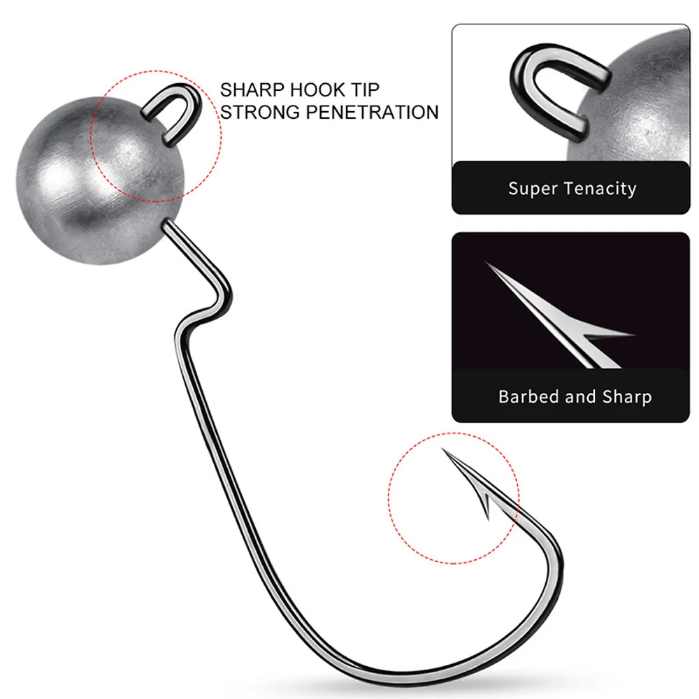 Anzuelos de pesca Jigging con cabeza de Metal, peso de 3,5/5/7/10g, anzuelos de pesca Offset de manivela ancha, señuelo suave, aparejos de pesca de lubina con púas, 5 uds. - imagen 3