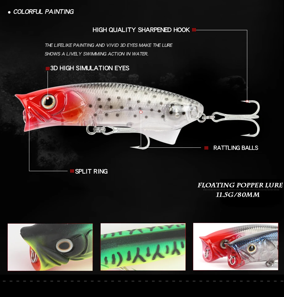 Experimente la emoción de la pesca con nuestros vibrantes señuelos de popper realistas