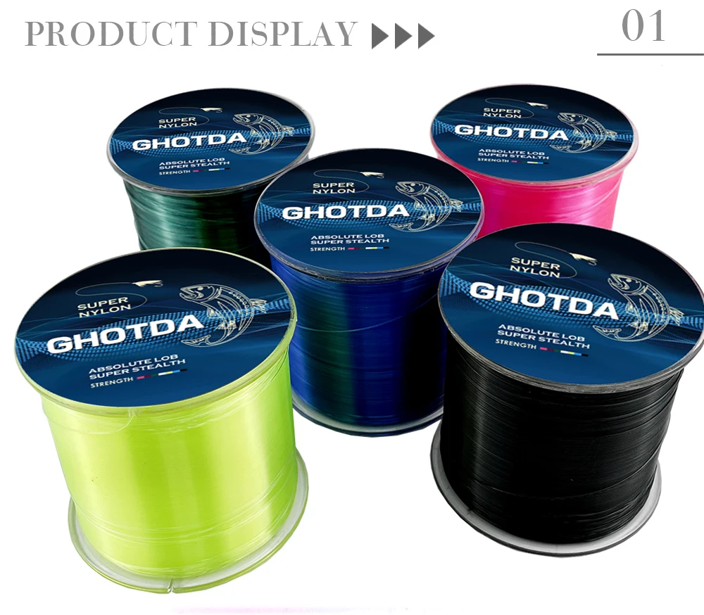 Una colección de carretes de hilo de pescar. Cada carrete tiene una etiqueta con la marca GHOTDA y el tipo de hilo de pescar, que parece ser SUPER NYLON ABSOLUTE STRENGTH.