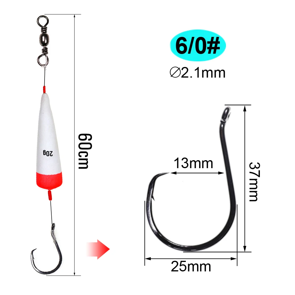 Bimoo-Juego de aparejos de pesca de pez gato, anzuelos de águila hechos a mano, de cabeza plana, canal azul, flotador antideslizante, para carpa, 3/0, 4/0, 5/0, 1 Juego - imagen 5