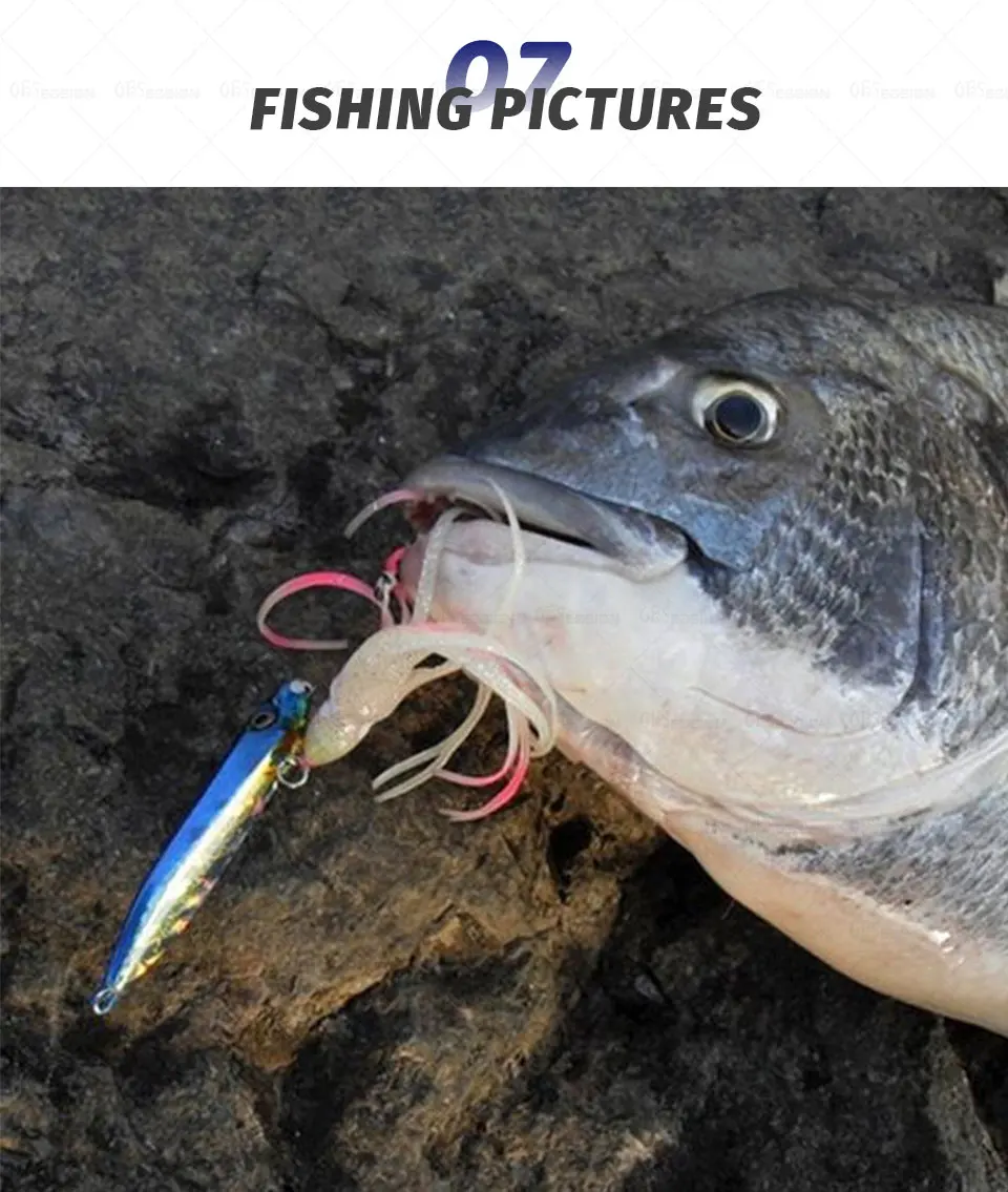 Un pez con un señuelo de pesca dentro de la boca. El señuelo parece ser un tipo de cebo artificial utilizado para pescar y es visible a través de las branquias del pez.