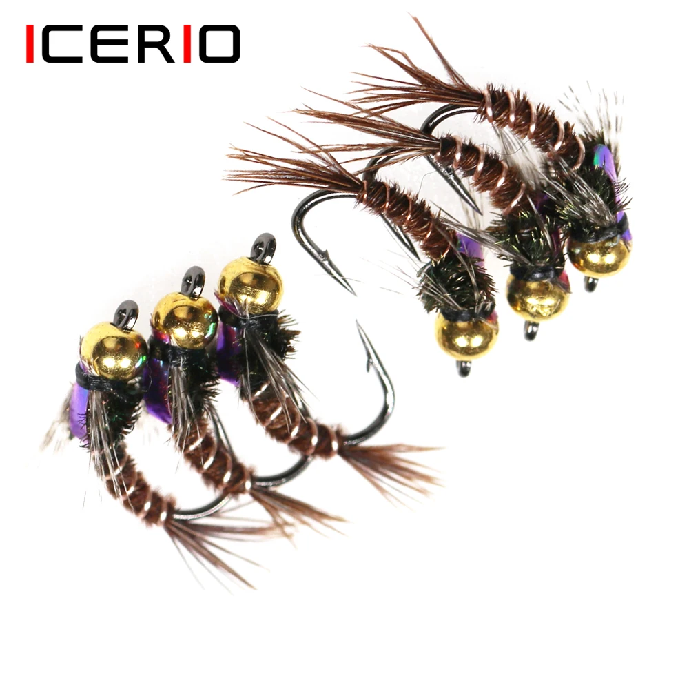 ICERIO-señuelo de pesca con cola de faisán, cabeza de cuentas de latón, Nymph Caddis, moscas del mal, trucha, Mosca, cebo #12, 8 piezas