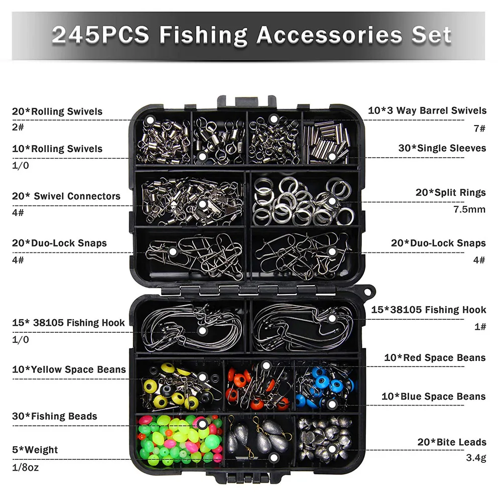 Kit de accesorios de pesca, anzuelos de pesca, cuentas giratorias, pesas, aparejos de pesca, 245 unids/lote por caja - imagen 2