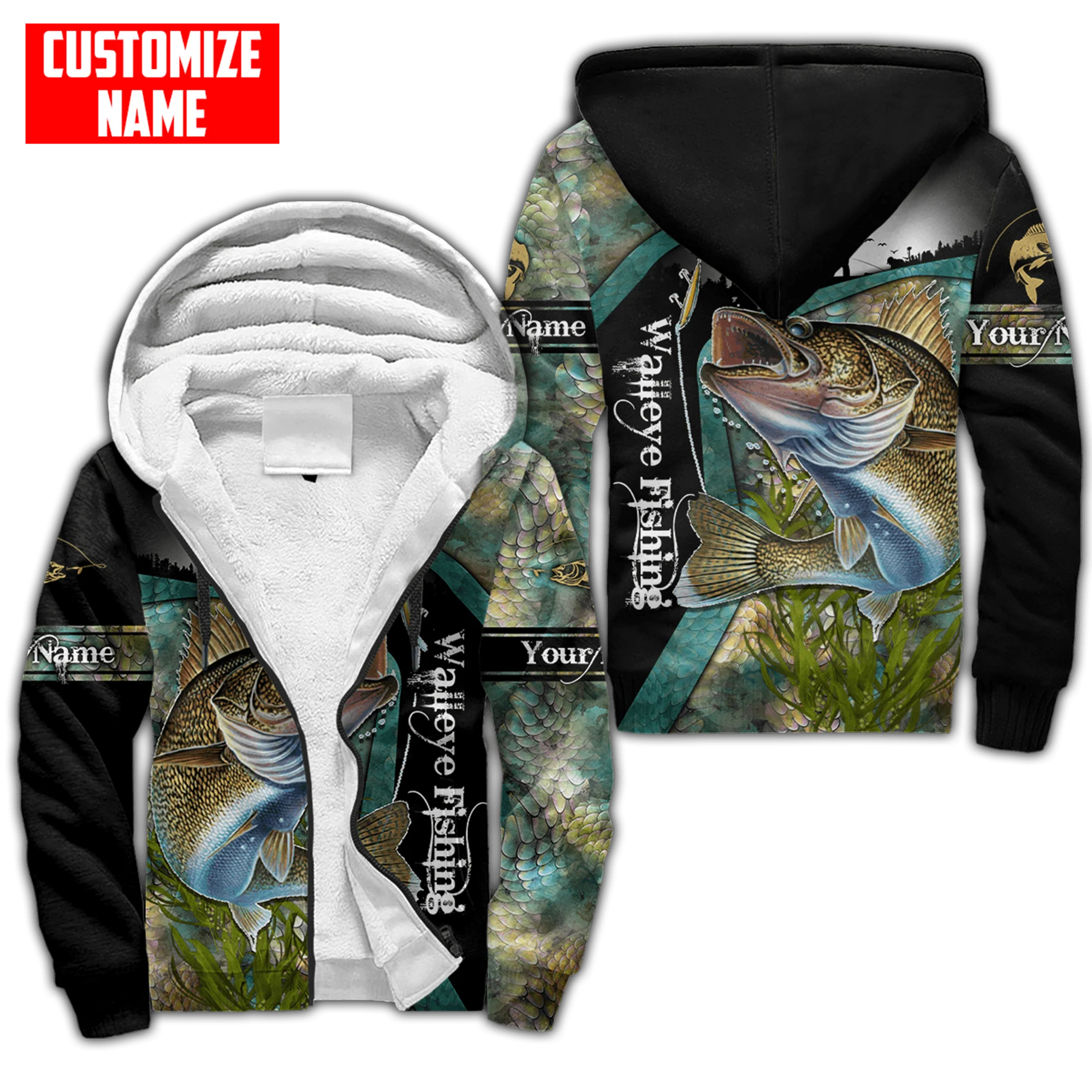 Nombre personalizado pesca de bagre 3D impreso invierno más grueso Sudadera con capucha con cremallera Unisex Casual Abrigo con capucha chándal chaqueta de lana cálida JH08 - imagen 4