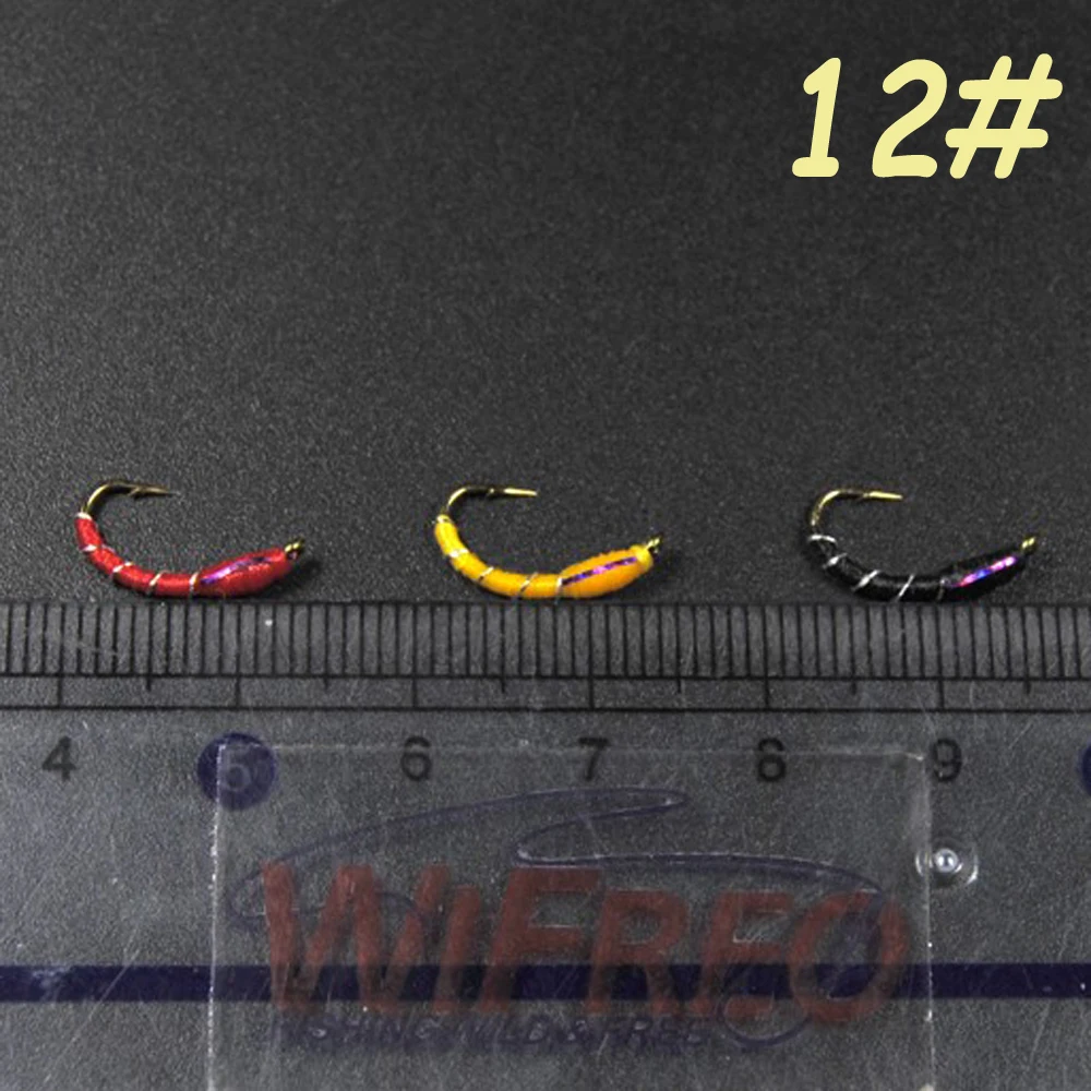 Caddis Larva quironomid Midge Pupa zumbador cebra Nymph trucha moscas mosca gancho de pesca negro rojo naranja [12 piezas] - imagen 4