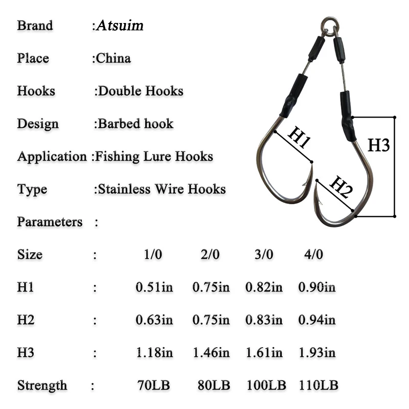 Descubra los versátiles ganchos de pesca Atsuim diseñados para la durabilidad y la precisión, con tamaños que van desde 1/0 a 11/0 y opciones de resistencia de 70 lb a 110 lb