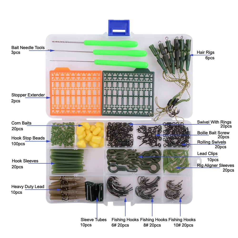 Kit de aparejos de pesca de carpa, incluye mangas antienredos, gancho, cuentas de parada, Boilie, tornillo de cebo, herramienta de aparejos de pelo giratorio rodante, 321 unids/lote por caja - imagen 4