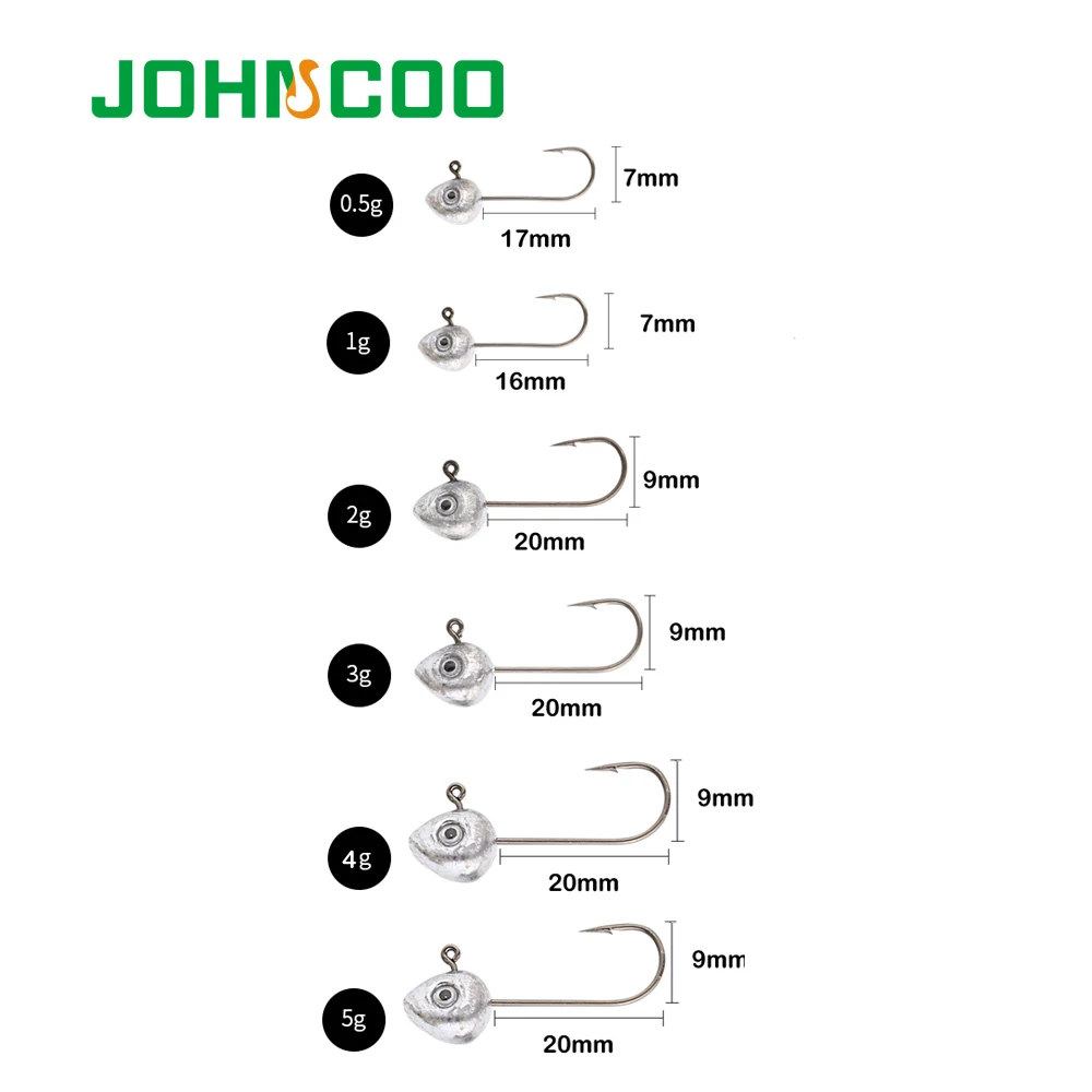 JOHNCOO-Mini anzuelo de 10 piezas, cebo blando de acero al carbono, anzuelos triples, 0,5g, 1g, 2g, 3g, 4g, 5g - imagen 4
