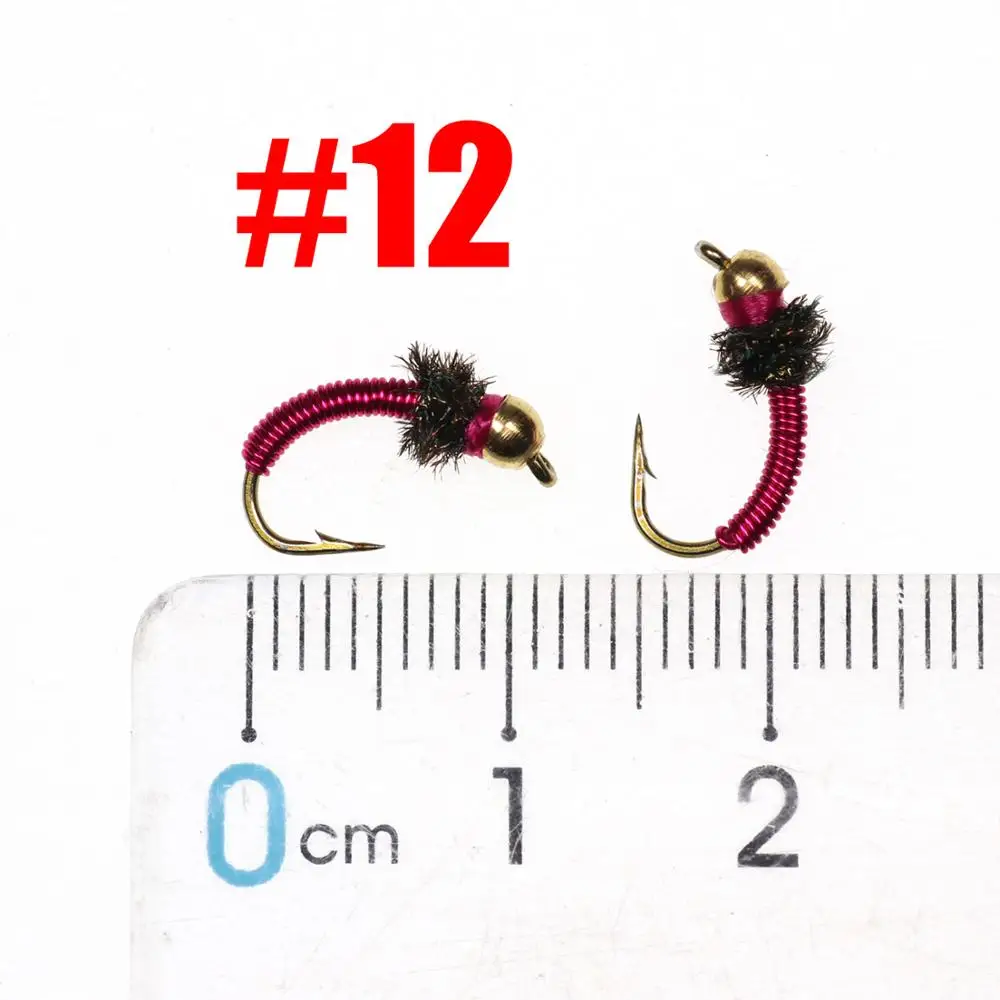 Bimoo-SEÑUELOS DE hundimiento para pesca en hielo, alambre de cobre rojo, cabeza de cuenta de latón, ninfa, Mosca, trucha, Mosca, alambre de colores, #12, 6 unidades - imagen 2