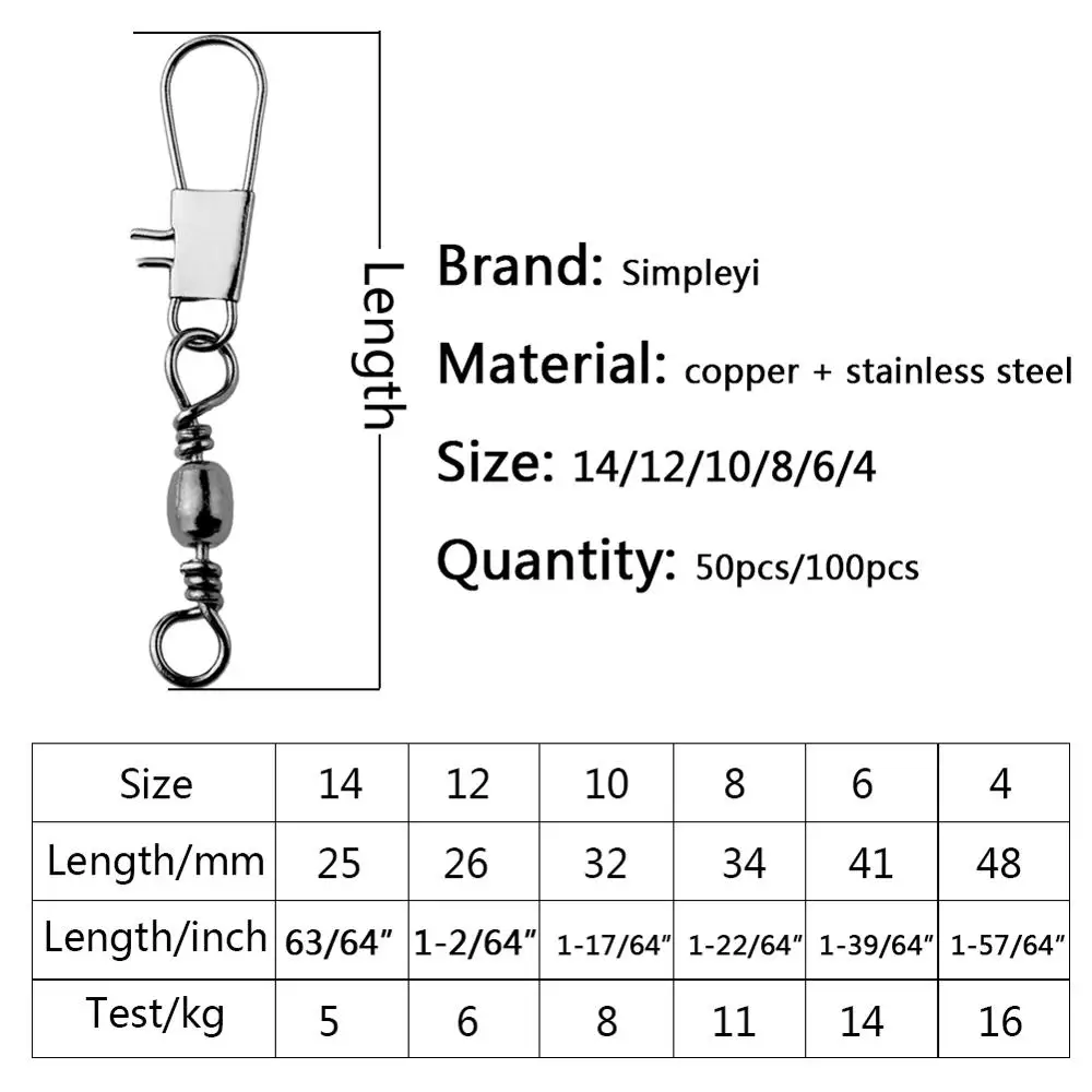 Caja de eslabones giratorios de pesca de acero inoxidable, accesorio giratorio con broche de enclavamiento, aparejos de pesca de carpa, 4 #6 #8 #10 #12 #14 #, 50/100 unids/lote - imagen 2