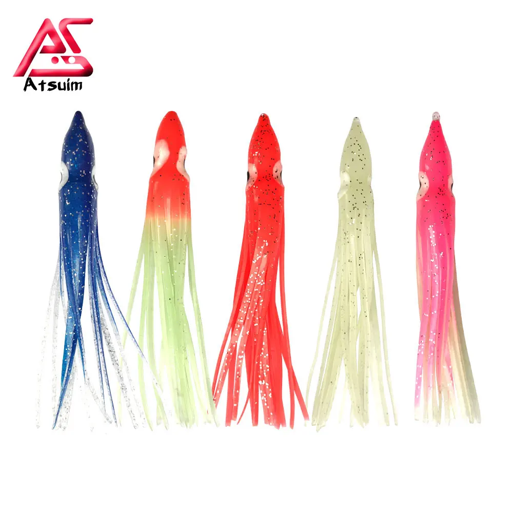 Atsuim-anzuelos de calamar para pesca, 10 piezas, faldas de pulpo, señuelos suaves de goma luminosa de 12cm, cebos artificiales de pez vela, colores mezclados