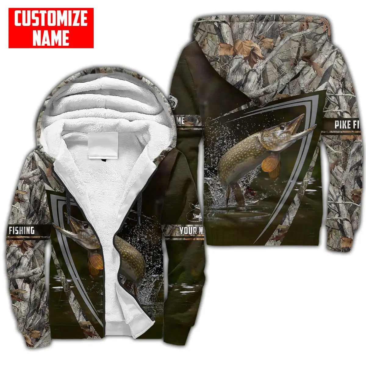 Nombre personalizado pesca de bagre 3D impreso invierno más grueso Sudadera con capucha con cremallera Unisex Casual Abrigo con capucha chándal chaqueta de lana cálida JH08 - imagen 2