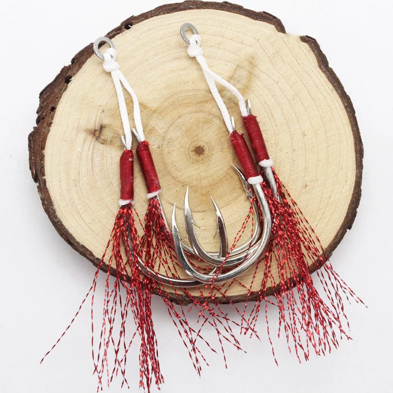 100 pares de anzuelos dobles 16 #   18 #   20 #   24 #   Anzuelos de pelo rojo, señuelo de alambre brillante dorado, accesorios para anzuelos de Pesca, aparejos de Pesca - imagen 4