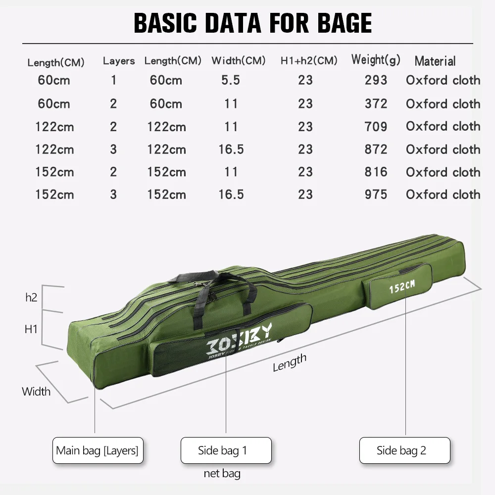 Un diagrama de una bolsa con sus dimensiones y especificaciones. La bolsa parece tener una forma larga y rectangular, posiblemente diseñada para transportar artículos como un rifle o una herramienta larga.