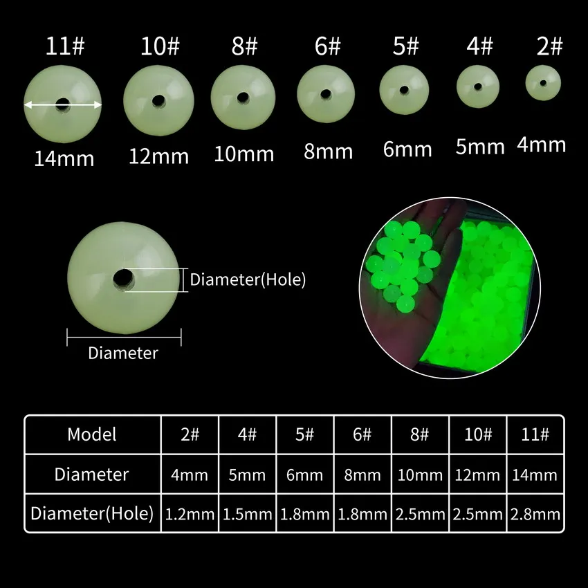 100 piezas de cuentas de pesca duras, 4mm-10mm, cuentas de plástico verde, tope de parada de pesca redondo, aparejos de pesca de carpa - imagen 2