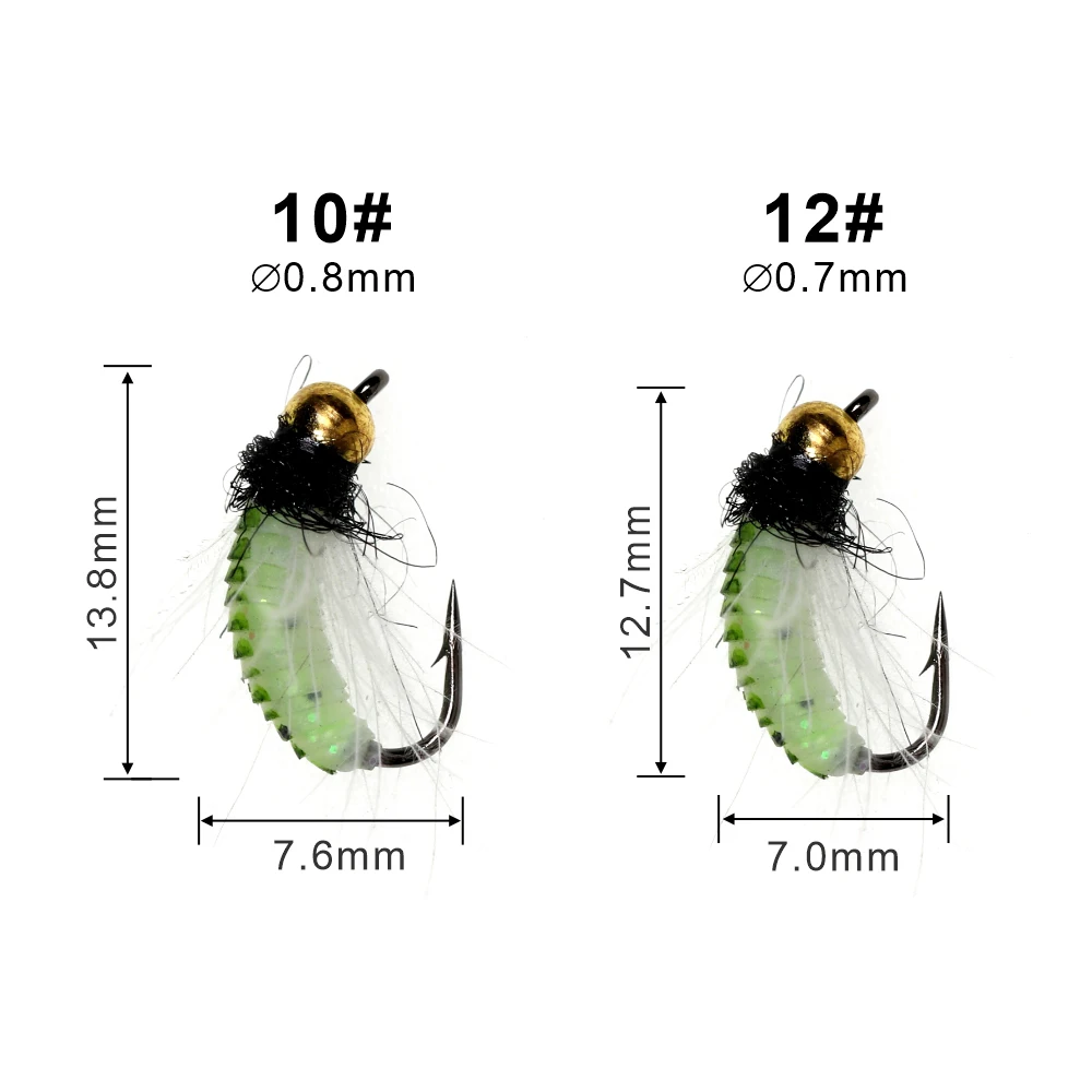 ICERIO 8 Uds cabeza de cuentas de latón hundimiento rápido Caddis verde UV gusano Ninfa Scud piel mosca con pluma CDC Hackle para señuelo de pesca de trucha - imagen 3
