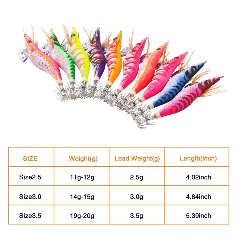 10 Uds. De cebo de calamar de 12g-20g, anzuelo de madera para camarones con sonajero, señuelos de pulpo, sepia, jigging luminoso, señuelo de pesca de calamar - imagen 3