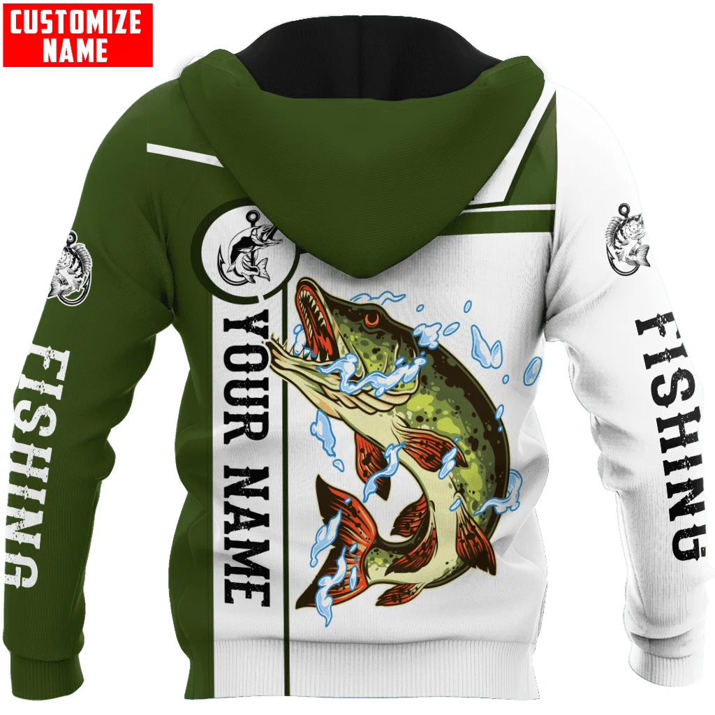 Sudadera con capucha y sudadera para hombre con estampado 3D de Pike Fishing con nombre personalizado, sudaderas con cremallera Unisex de otoño, ropa de calle informal KJ825 - imagen 2