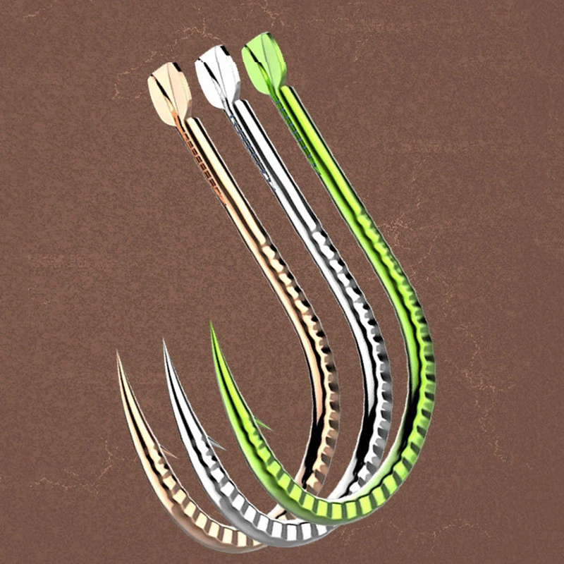 Anzuelos de pesca con púas, anzuelos de acero con alto contenido de carbono, plantilla de pesca, color verde dorado y plateado, anzuelos de pesca reforzados, 30 unids/lote por paquete - imagen 4