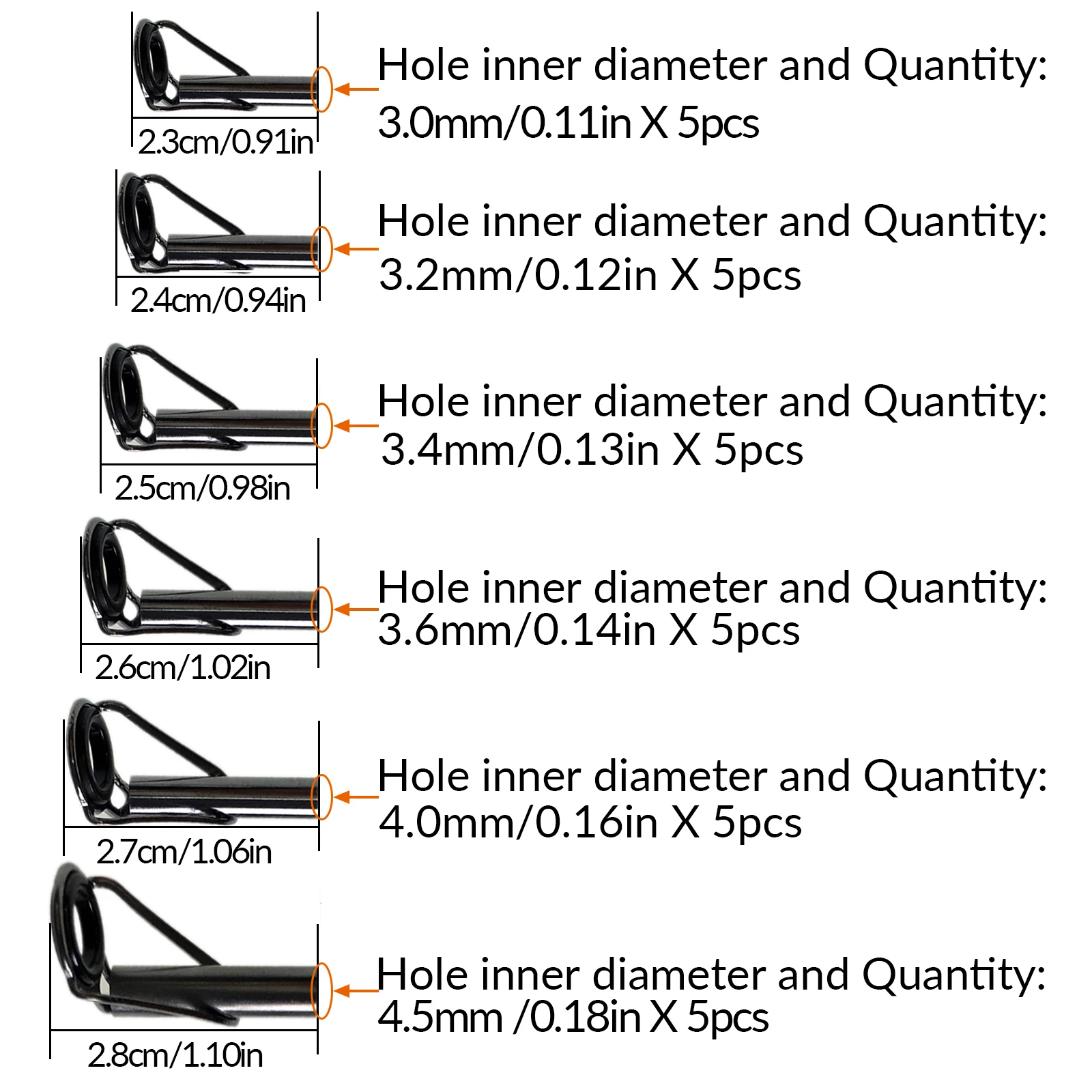 Kit de reparación de puntas de guía de caña de pescar, anillos de ojo DIY, marcos de acero inoxidable, anillo de guía de pesca de cerámica, 3,0mm-4,5mm, 30 unids/lote por caja - imagen 2
