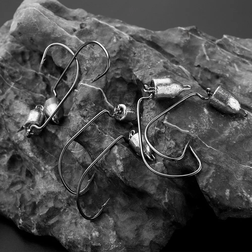 JOHNCOO 5 uds anzuelo de pesca ponderado con cabeza de anzuelo sin malezas 3,5g 5g 7g anzuelos de gusano con manivela oscilante para pesca de lubina agua salada y agua dulce - imagen 5