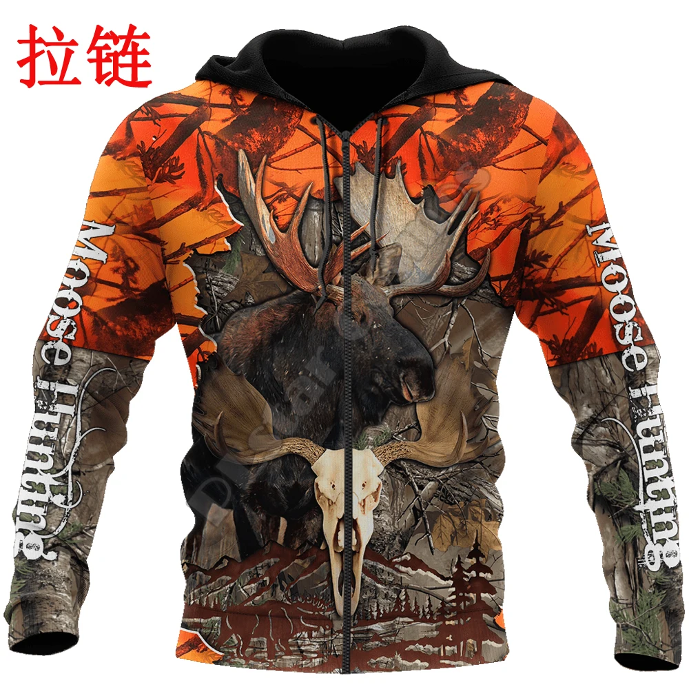 Sudadera con capucha de otoño para hombre con estampado 3D de camuflaje naranja y alce de caza, ropa de calle Unisex, chaqueta informal con cremallera, jersey KJ534 - imagen 3
