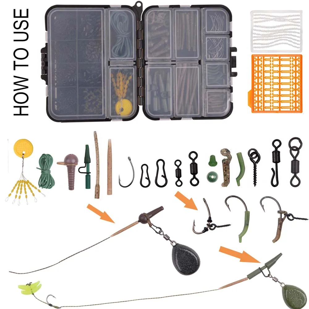 Kit de accesorios de pesca de carpa, aparejos de pesca de carpa, manga antienredos, clips de plomo, herramienta de conector giratorio de carpa, mate, 292 unids/caja - imagen 5