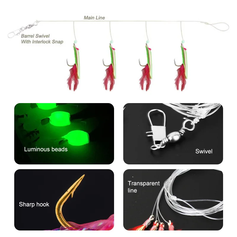 Mosodo-anzuelos de pesca Sabiki, señuelos suaves luminosos de piel de pescado, cebo giratorio a presión, aparejos de pesca de mar para caballa de arenque - imagen 4