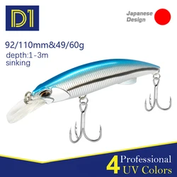 Señuelos de pesca Wobblers de hundimiento de pececillo pesado D1, 92mm/110mm, aparejos de cebo duro Artificial láser de alta calidad 2020 DT5005