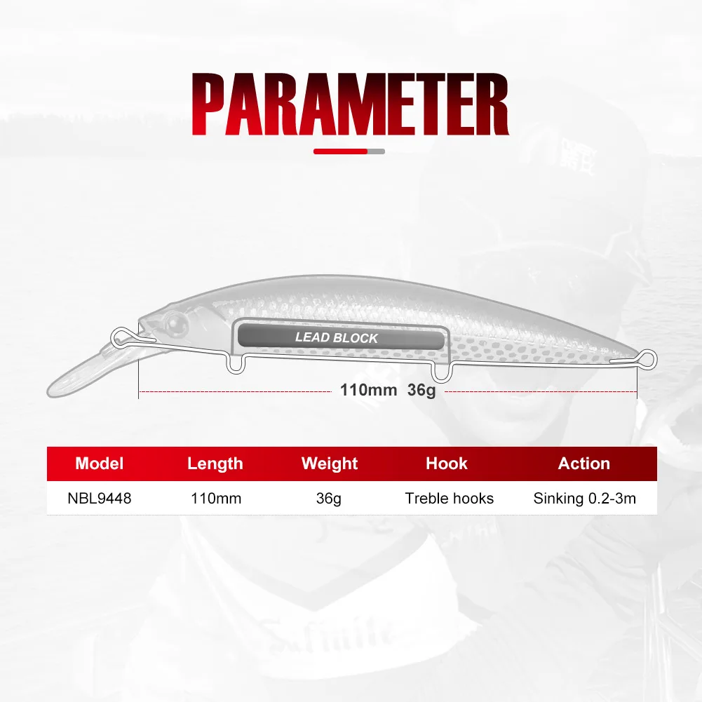 NOEBY-Señuelos de Pesca de pececillo, cebo duro Artificial de 110mm, 36g, hundimiento de 0,2-3m, Jerkbait Wobbler, lubina de mar, Lucio, aparejos de pesca de invierno - imagen 2