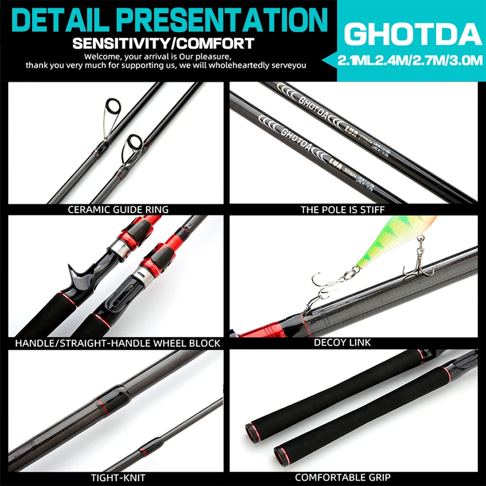 GHOTDA-caña de pescar de carbono ultraligera, 2,1 m, 2,4 m, 2,7 m, 3,0 m, 4 secciones M, caña de pescar de fundición giratoria de agua salada - imagen 4