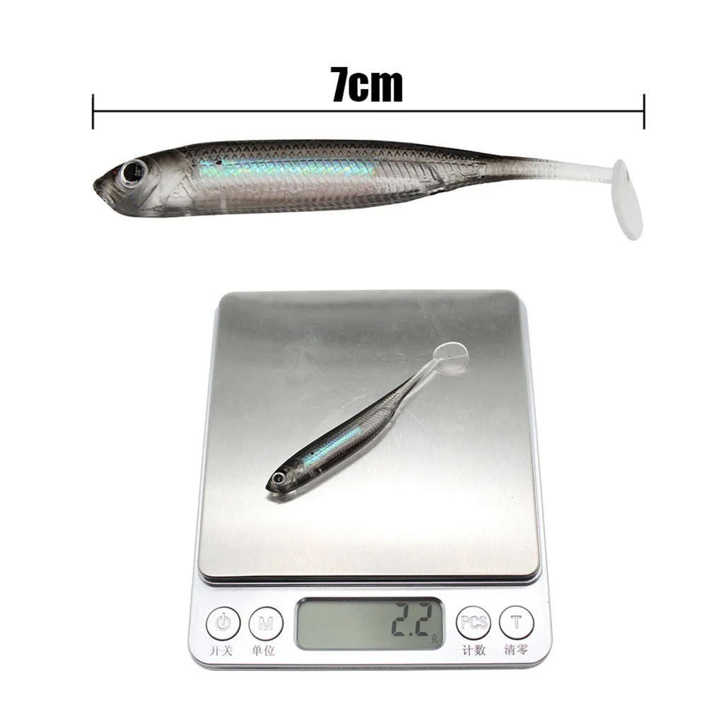 Señuelo de pesca suave con cabeza de plantilla, 7cm, 2,2g, cola en T, Color arcoíris, cebo de silicona Artificial, carpa, lubina, Swimbait, aparejos Wobbler, 3 unids/lote