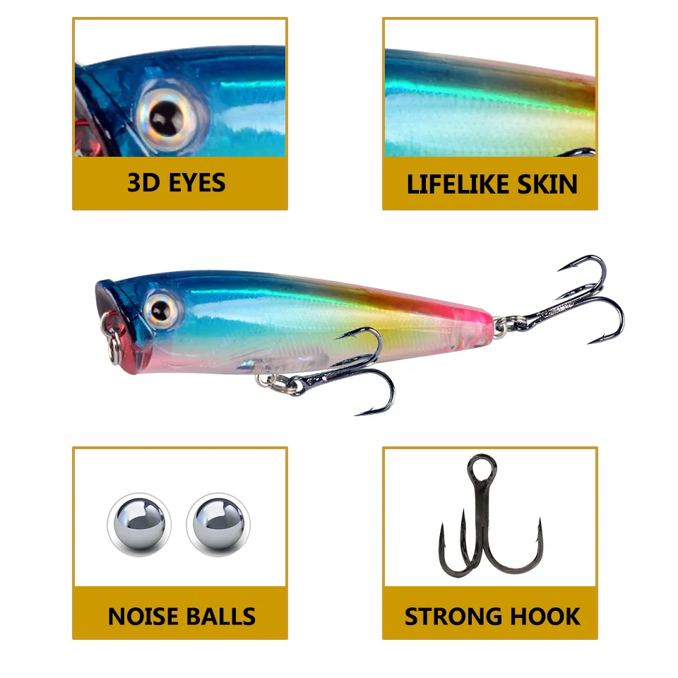 Señuelos de Pesca Popper, 1 piezas, 6,5 cm, 6,5g, ojos 3d, Crankbait, Wobblers, aparejos Isca, cebo de superficie Artificial - imagen 3