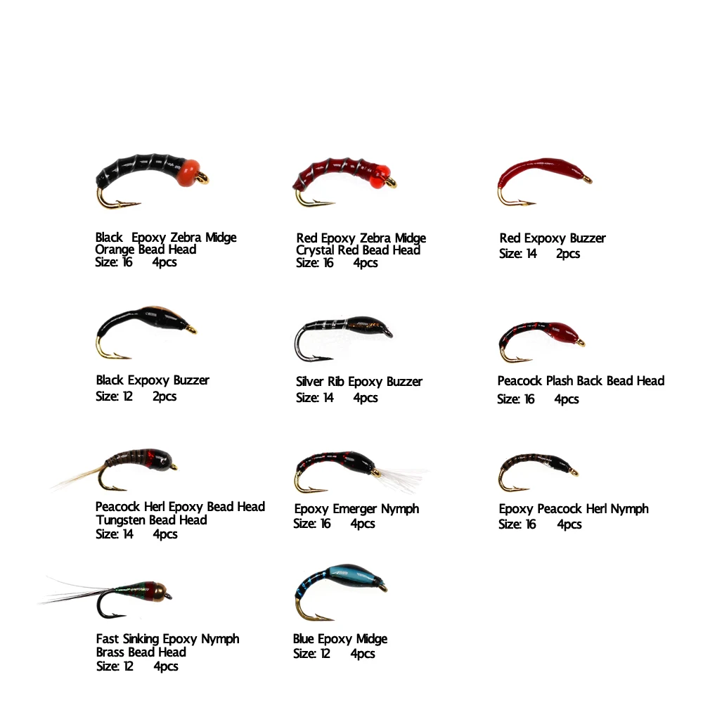 Bimoo-Juego de Señuelos de Pesca con cabeza de perla de Ninfa recubierta de epoxi, moscas, trucha, enmalle azul, tamaño de señuelo #12 #14 #16, 40 unids/caja - imagen 4