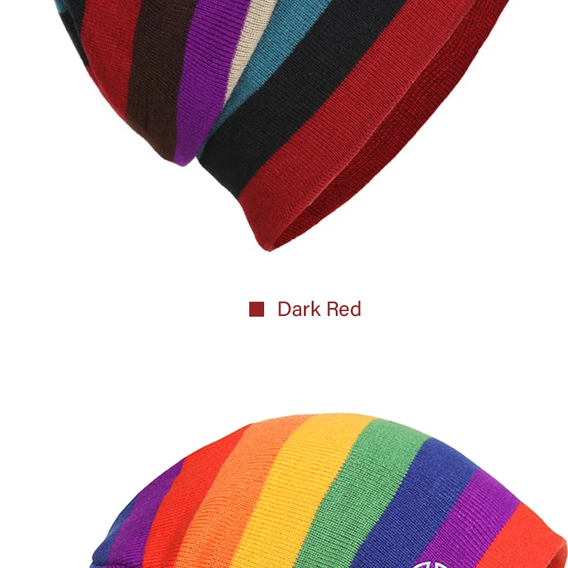 Gorro de rayas colorido con opciones de rojo oscuro y arco iris